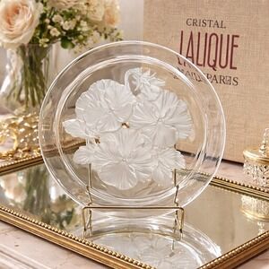 Vintage Lalique France Frosted Crystal Floral Plate Signed Paris With Box